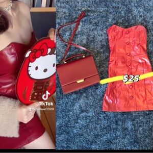 l lRed faux leathered off shoulder dress